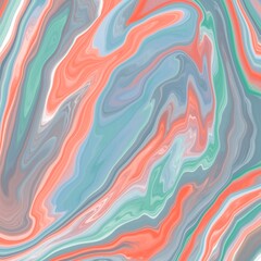 Abstract fluid art featuring swirling patterns of coral, mint green, and gray-blue. The colors blend seamlessly, creating a marbled effect reminiscent of agate stone.
