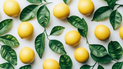 Vibrant yellow lemons nestled among lush green leaves create a cheerful flat lay. AI Generated