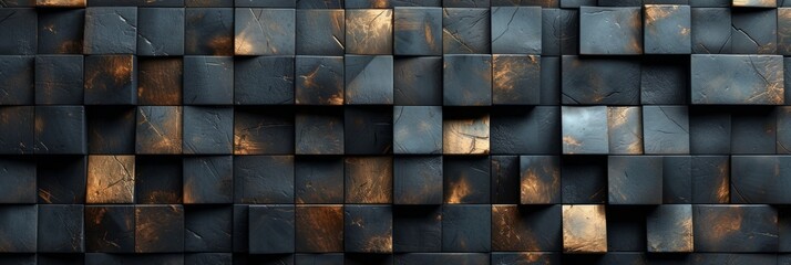 Dark Luxurious Noble Gold Black 3D Texture Wall with Clean Lines Squares and Rectangles Background