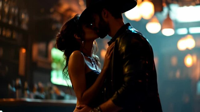 A 25-35 years old, couple kissing in a futuristic bar. Romantic, cyberpunk, sci-fi concept. Intimacy in a dystopian world. Neon lighting. Relationship. 4k 60 fps