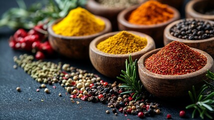 Fototapeta premium Vibrant spice powders elegantly arranged dark background. AI Generated
