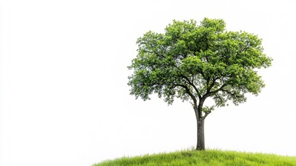 Fototapeta premium Serene green tree stands majestically against bright white background simple composition. AI Generated