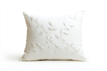 Elegant white embroidered pillow with leaf design for decor
