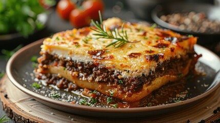 Savory Layered Lasagna with Meat, Cheese, and Fresh Herbs Surrounded by Ingredients on a Rustic Table
