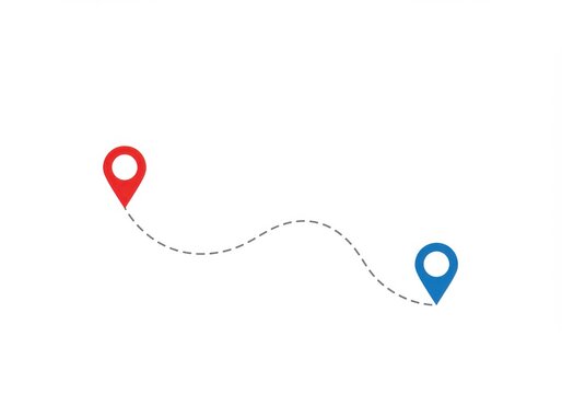Minimalist route map, red start point marker, blue end point marker, gray dotted line path, curved journey, simple design, clean background, navigation concept