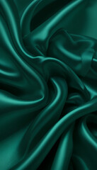 Dark emerald green silk satin fabric backdrop, perfect for product display, fashion show mockup, beauty and luxury presentation, cosmetics, perfume, festive decoration, and gift showcase design.
