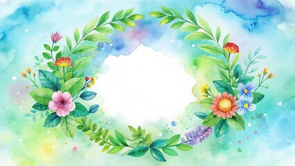 Obraz premium A Delicate Watercolor Floral Wreath Design Featuring Vibrant Blooms and Lush Greenery, Perfect for Invitations or Announcements