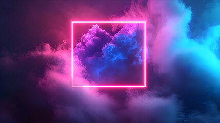 Obraz premium Vivid Neon Square Frame Against a Backdrop of Intertwined Pink Blue and Purple Clouds