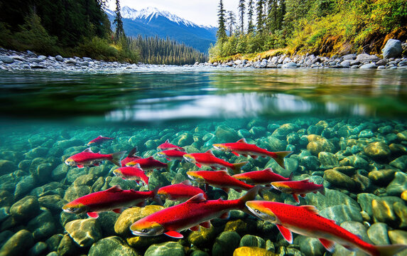 A vibrant underwater scene showcasing a school of red fish swimming over a rocky riverbed in a lush, mountainous environment.
