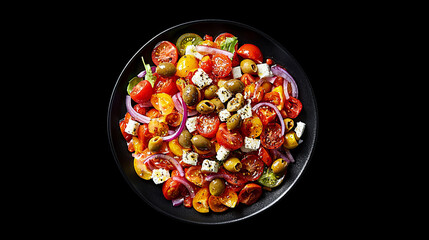 Vibrant tomato, olive, and feta salad on a dark plate