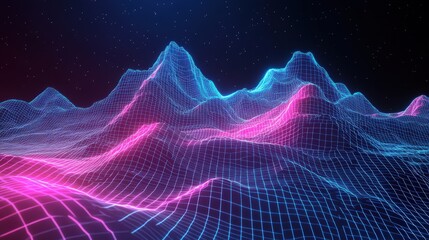 Vibrant neon landscape with glowing peaks and valleys against a starry night sky backdrop