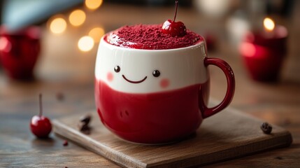 Delicious cup of vibrant red velvet latte with happy face in liquid perfect for playful and charming image
