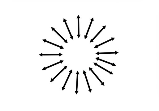 black arrows radiating outward, circular pattern, simple graphic design, minimalist illustration, symmetrical composition