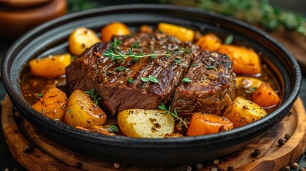 Delicious Homemade Pot Roast Meal with Clean Lines and Natural Colors