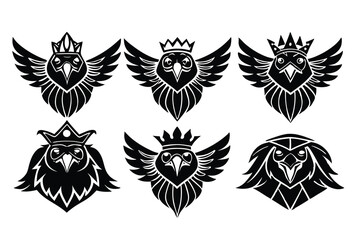 Fototapeta premium Eagle heads heads black vector, eagle in flight silhouette vector, Black eagle head vector illustration set, black and white bird head