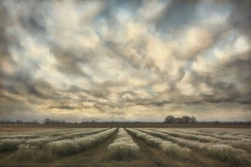 Obraz premium Stormy Sky Over Rows of Plants in Field