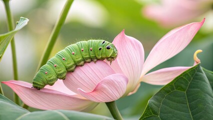 Naklejka premium Vibrant green caterpillar gracefully rests atop a delicate, pale pink lotus blossom, a serene moment in natures gentle embrace.