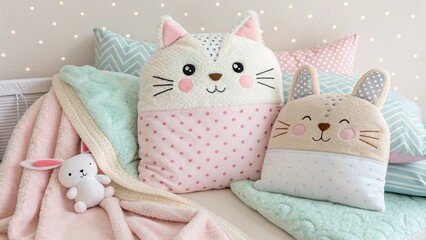 Set of plush animal pillows and a bunny toy in pastel colors. Cute and soft bedding accessories for a child's room decoration
