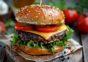 Delicious vegan steak burger with emmental cheese lettuce and tomatoes on a side angle shot