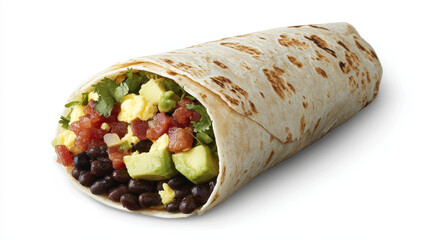 Savory breakfast burrito: scrambled eggs, black beans, avocado, and pico de gallo