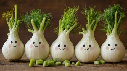 Charming fennel friends whimsical characters on a rustic table