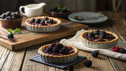 Delightful blackberry mini tarts, baked to golden perfection, adorned with glistening berries. Rustic wooden table setting enhances the charming appeal. A sweet treat for the senses.