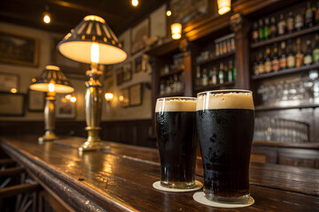 Two pints of dark Irish stout beer in a vintage pub