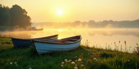 Obraz premium Serene sunrise illuminates tranquil lake with two small rowboats resting peacefully on grassy shore
