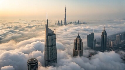 Obraz premium Majestic cityscape emerges above a sea of clouds, showcasing skyscrapers piercing through the fog in a breathtaking aerial view. 