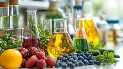 Close-up of vibrant genetically modified fruits and vegetables arranged on a white surface, symbolizing modern agriculture and biotechnology advancements in food production.