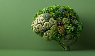Detailed illustration of a human brain covered with lush green plants and vines over a natural background