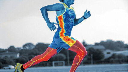 Thermal imaging of athlete running outdoors, highlighting muscle heat distribution