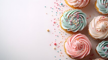 Artfully decorated cupcakes with swirled pastel pink and mint green frosting sit on right side of white background, topped with sprinkles and golden cake bases in appetizing flat lay.