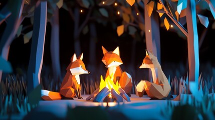 A low-poly scene of foxes around a campfire, in the style of origami. 