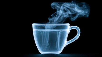 X-ray image of a coffee cup with steam kitchen digital art dark background close-up visualization concept