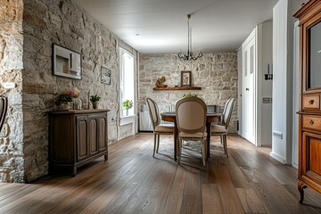 Fototapeta premium Elegant dining room with stone walls and wooden furniture in a rustic style