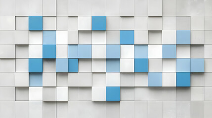 Abstract 3D Render of Blue and White Cubes on a Gray Textured Background Forming a Geometric Pattern