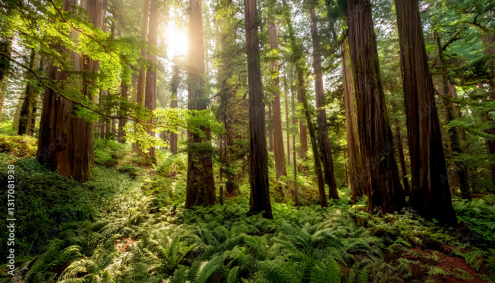 Poster sunlight filters through a dense forest canopy, illuminating the lush greenery below