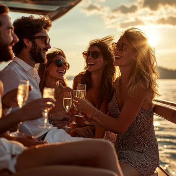 Friends celebrate with champagne on a yacht at sunset