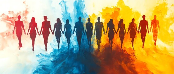 Vibrant abstract art of business professionals collaborating in diverse teams, innovation and creative energy, ample copy space for branding, success, and growth