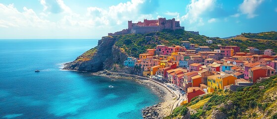 Fototapeta premium Vibrant Medieval Village Castelsardo in Sardinia, Italy, with Colorful Homes on Steep Hillsides, Towering Castle, and Expansive Sea Views, HighResolution 8K Render