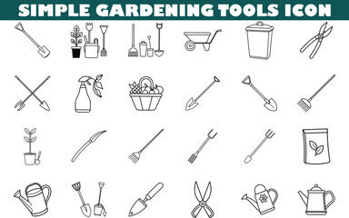 Simple Gardening Tools Icons Shovel, Trowel, Rake, Hoe, Watering Can