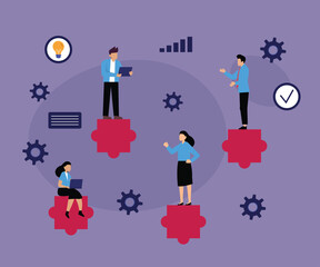 Business Teamwork and Collaboration Concept with Puzzle Pieces and Gears 2d flat vector illustrations