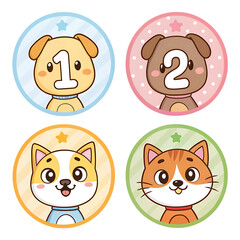 Obraz premium Cute Animal Stickers: Dog, Cat, #1, #2