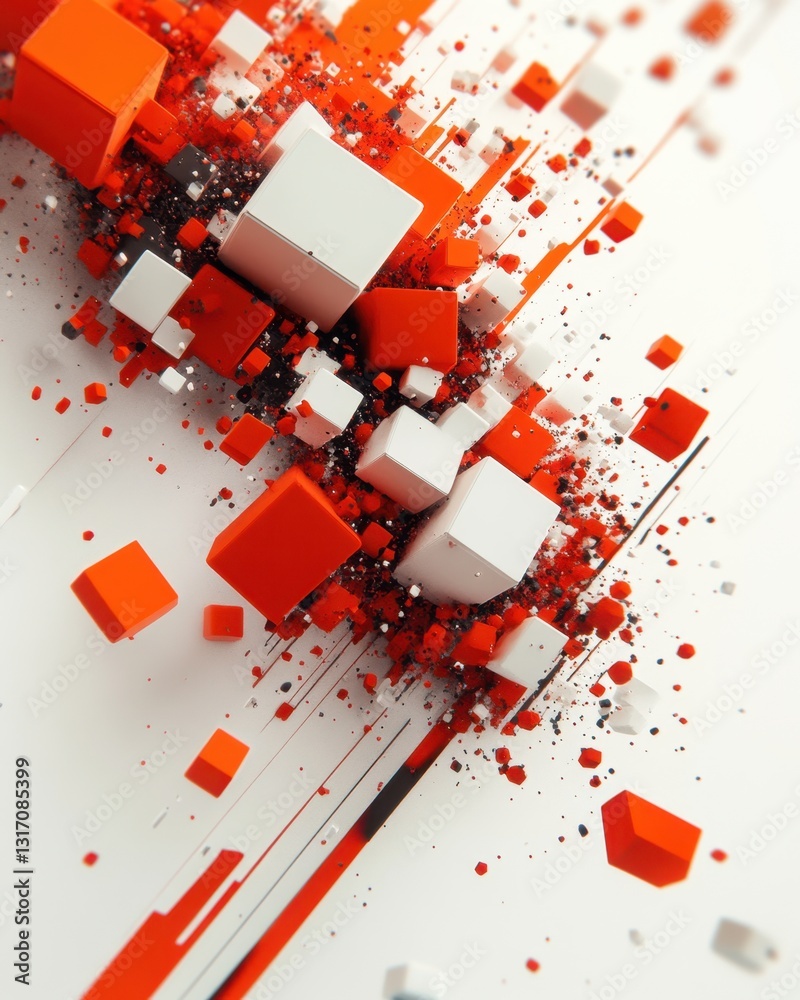 Poster dynamic composition of floating cubes in vibrant red and white on a clean background creating a mode