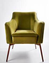 Midcentury Modern Armchair With Elegant Design in Green Upholstery and Wooden Legs