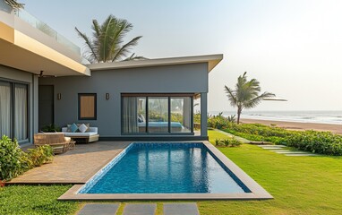 Ultra-luxury modern bungalow with private pool at Alibag Vinci Beach &ndash; sleek grey exterior, blue tiles, and lush greenery