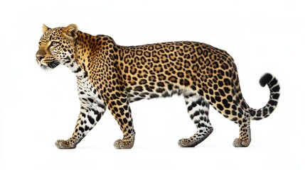 Fototapeta premium Leopard poised gracefully, black-and-white spots glistening as it tilts its head leftward, eyes piercing, in a captivating stillness against the wild backdrop