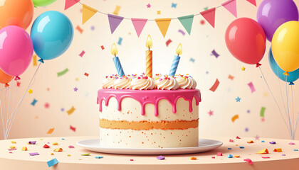 Colorful birthday celebration with cake and balloons, joy and festivity