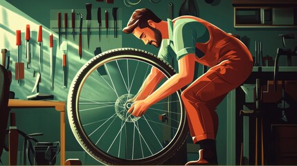 Mechanic repairing bicycle wheel in workshop